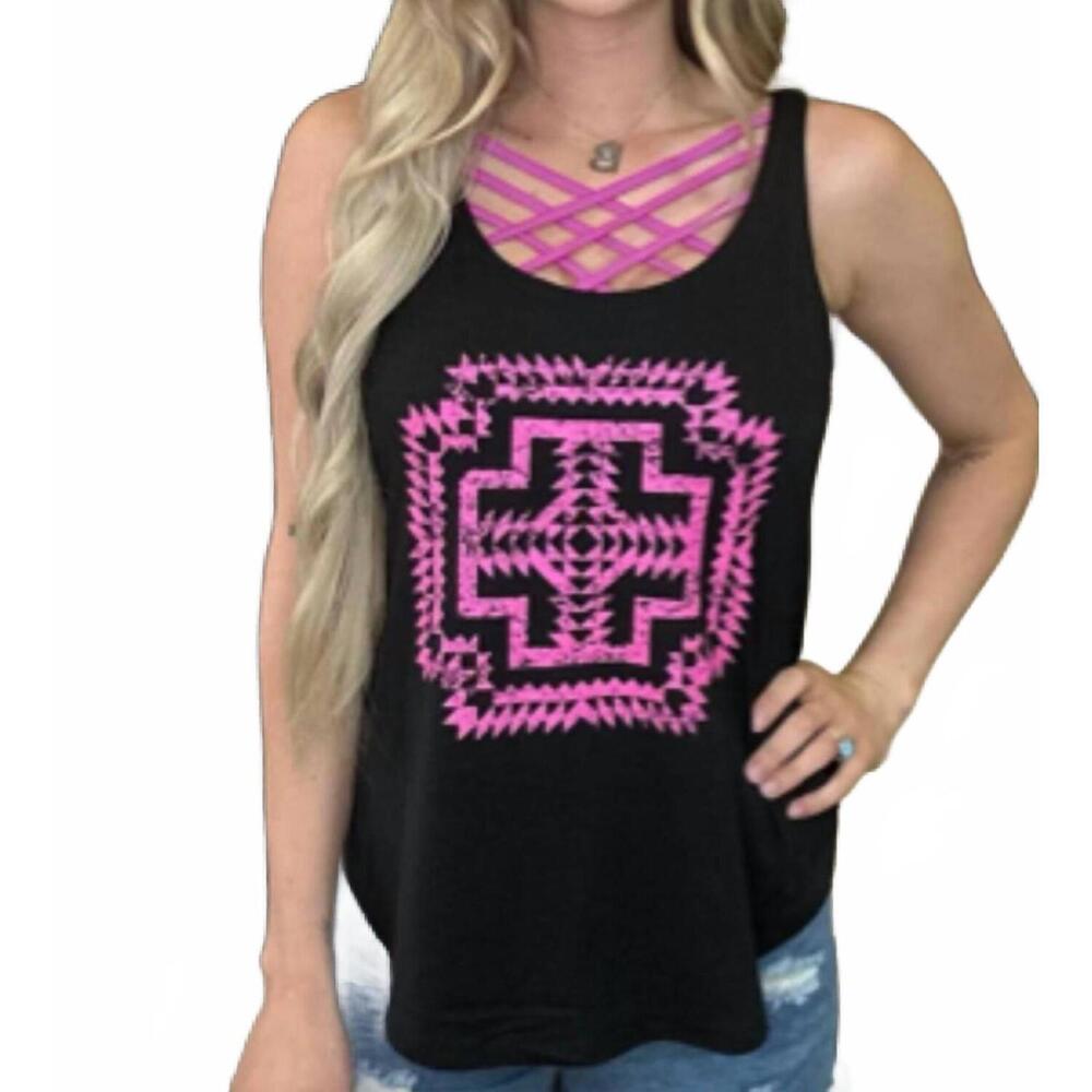 NEW STERLING KREEK aloha babe aztec tank top in black